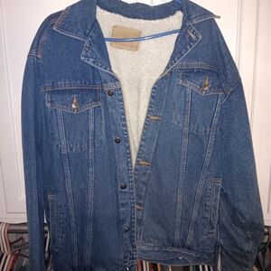 Men's Vintage Denim Jean Trucker Jacket Sherpa Lined (L)